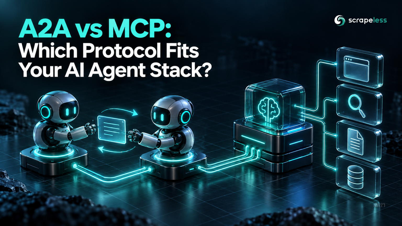 A2A and MCP protocol layers connecting AI agents with web tools