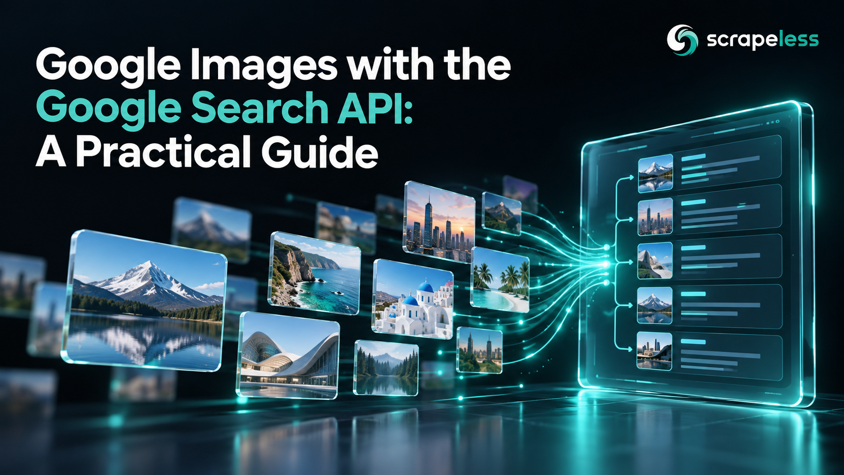 Google Images with the Google Search API: A Practical Guide illustrated with teal search data graphics on a dark background